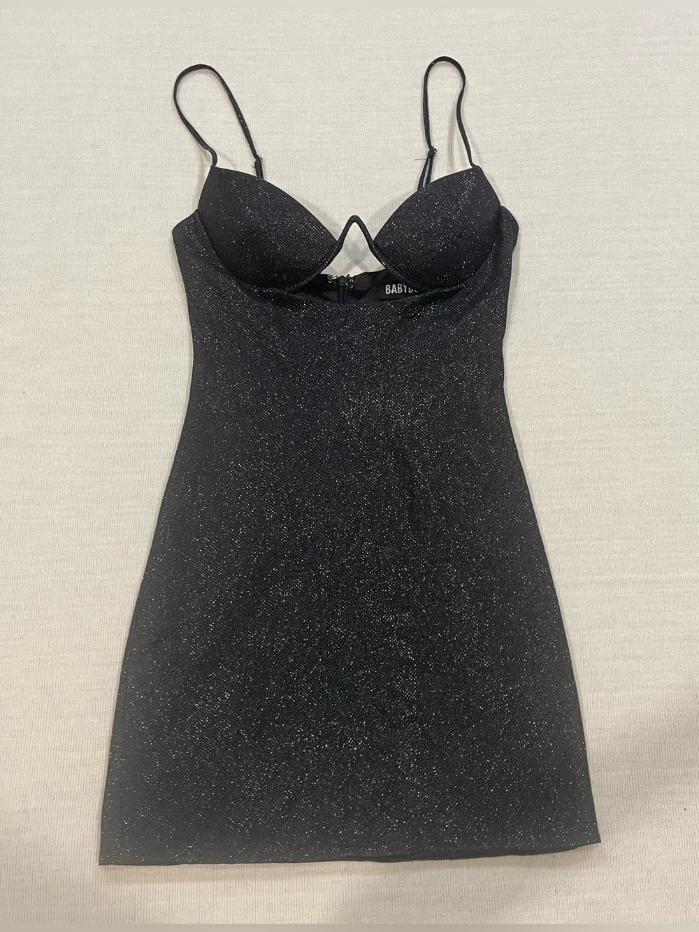 Babyboo Mya Black Sparkle Bodycon Mini Dress V-Bar Sweetheart Size XS